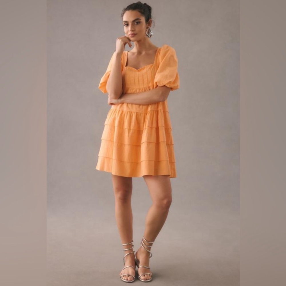By Anthropologie Square Neck Puff Sleeve Tiered Dress